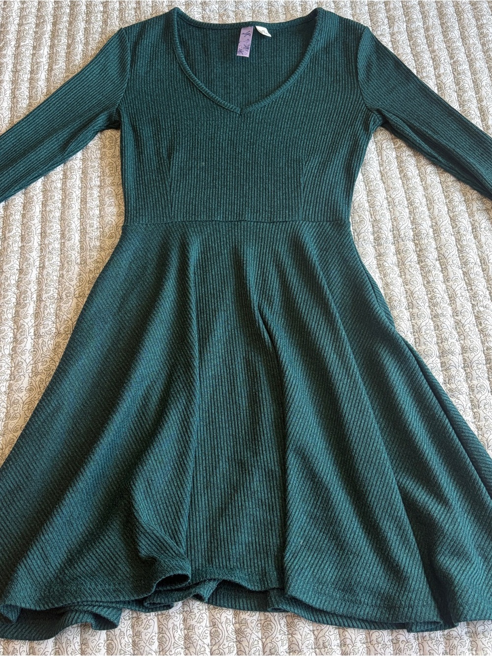 Alya Dark Teal Ribbed V-Neck Fit & Flare Mini Dress